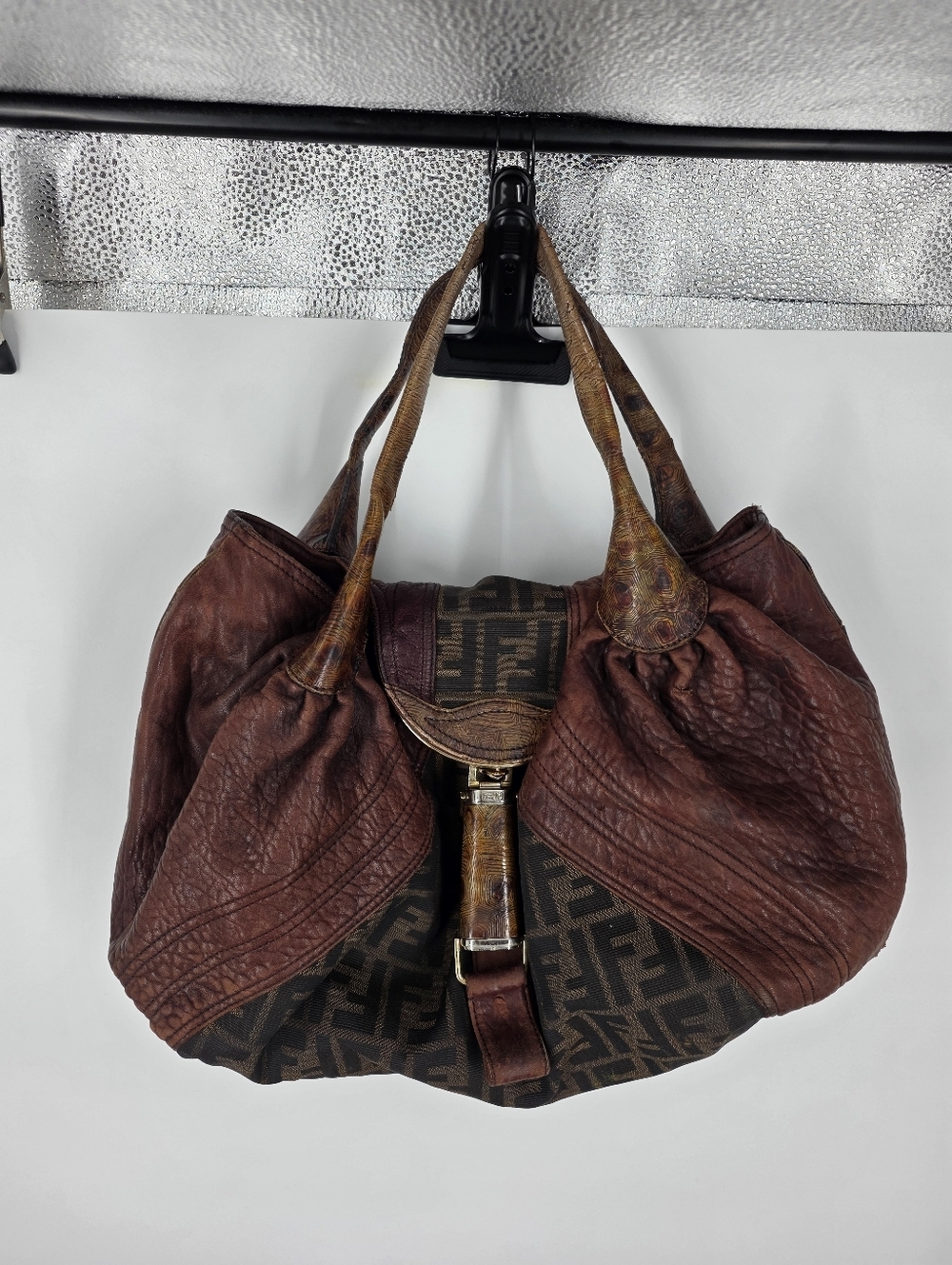 Fendi Zucca Spy Bag Vintage Brown Leather Canvas FF Monogram Tortoise Handle